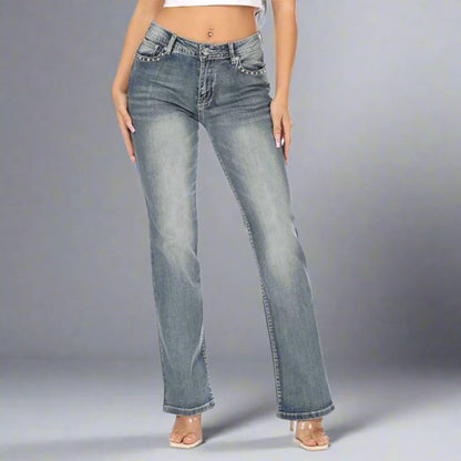 Women's bootcut jeans in light blue denim wash with front pockets and belt loops