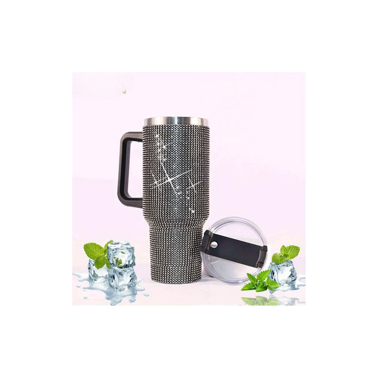 40oz Artificial Diamond Decor Insulated Tumbler With Handle And Straw Lid,