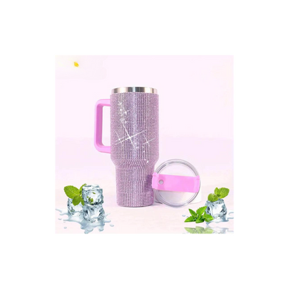 40oz Artificial Diamond Decor Insulated Tumbler With Handle And Straw Lid,