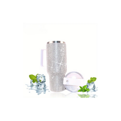 40oz Artificial Diamond Decor Insulated Tumbler With Handle And Straw Lid,