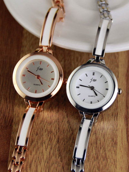 Two-tone watch bracelets: rose gold and silver, each with round white dial and link band