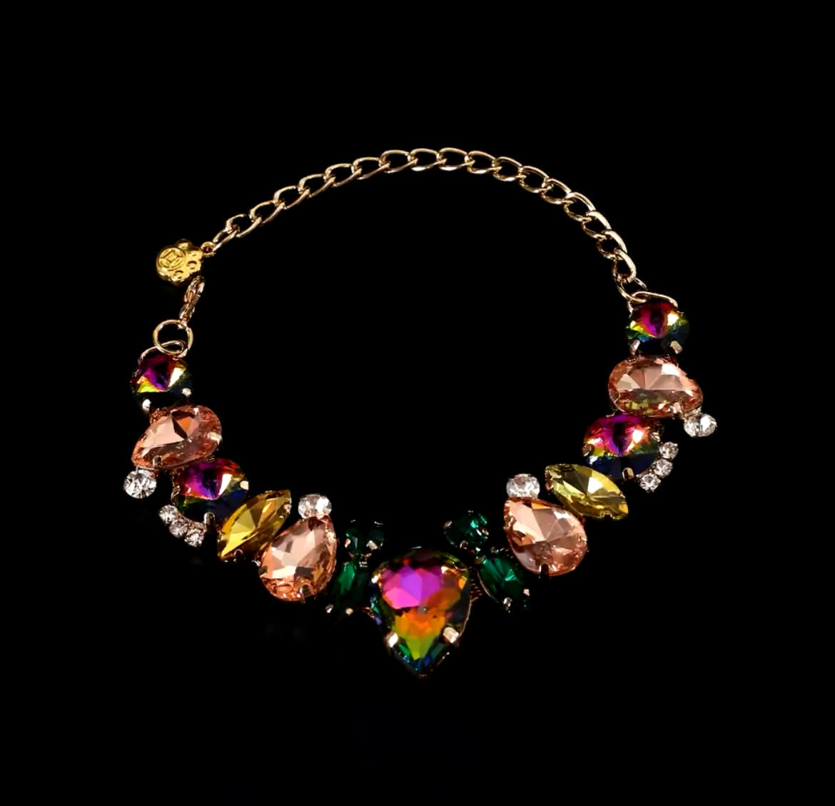 Gold-tone rhinestone pet necklace with multicolor gemstone heart and teardrop accents
