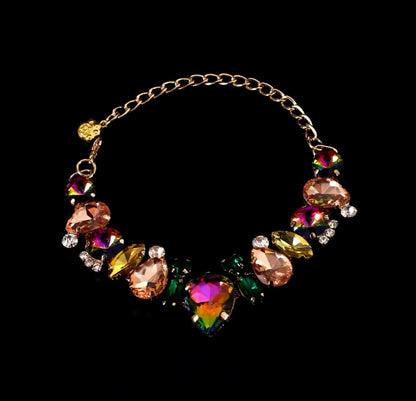 Gold-tone rhinestone pet necklace with multicolor gemstone heart and teardrop accents