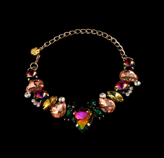 Gold-tone rhinestone pet necklace with multicolor gemstone heart and teardrop accents