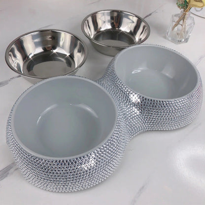 Silver rhinestone dog bowl set with two stainless steel feeding bowls
