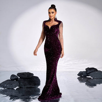 Long Sleeve Banquet Sequined Rhinestone Mermaid Party Dress