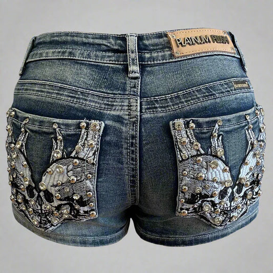 Bus Stop Women's Rhinestone Skull Wing Denim Shorts Blue Denim
