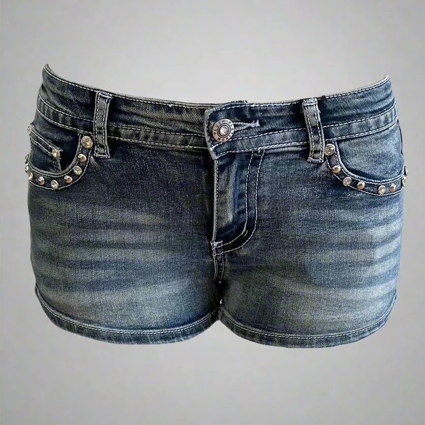 Women's blue denim shorts with rhinestone-studded pocket details and belt loops