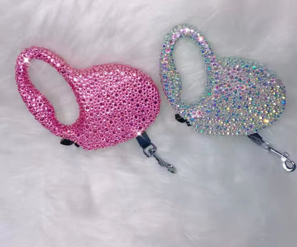 Heart-shaped rhinestone retractable dog leash retractor, pink and iridescent blue