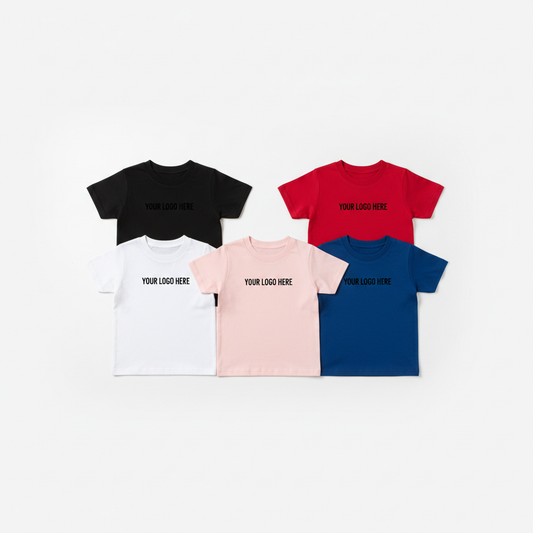 Crewneck T-shirts with 'YOUR LOGO HERE' on front, black, red, white, pink, blue.