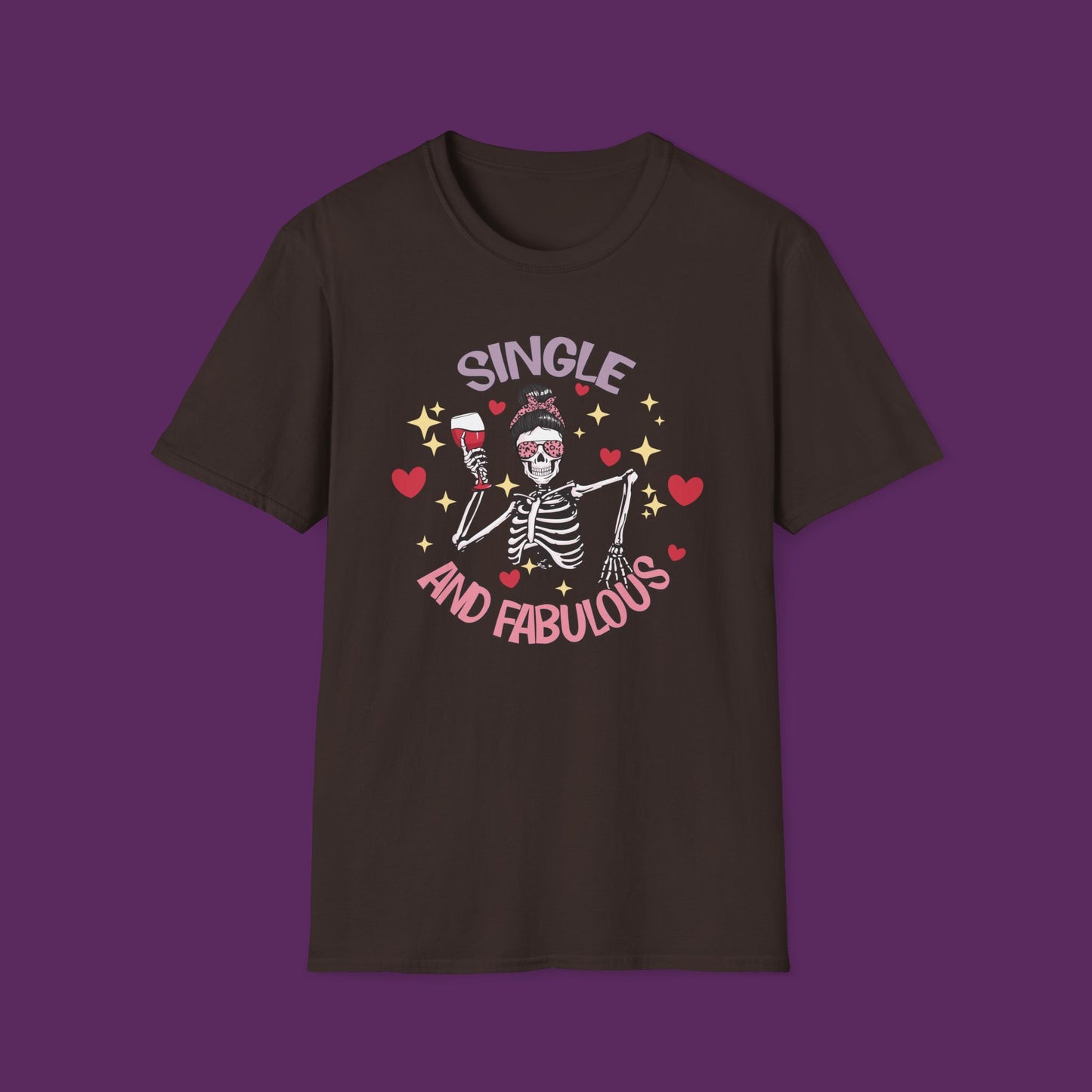 "Single and Fabulous" Skeleton with Wine Glass and Hearts T-Shirt