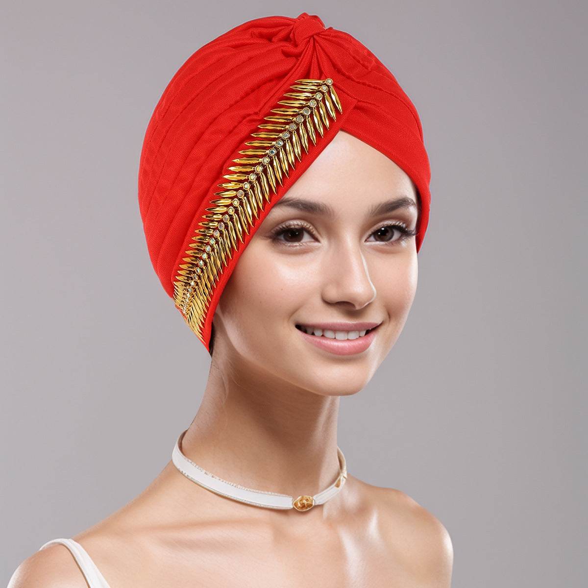 Women’s rhinestone turban cap with gold beaded band, red head wrap