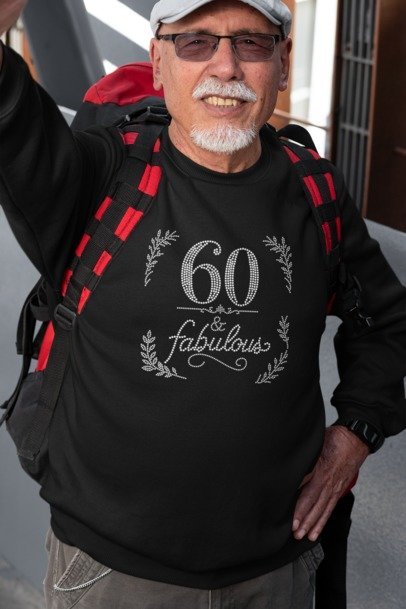 Black crew-neck rhinestone graphic shirt: '60 & Fabulous' front