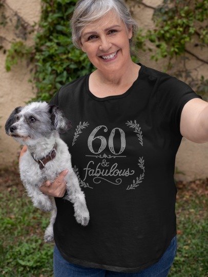 Black crew-neck rhinestone '60 & Fabulous' graphic shirt on model
