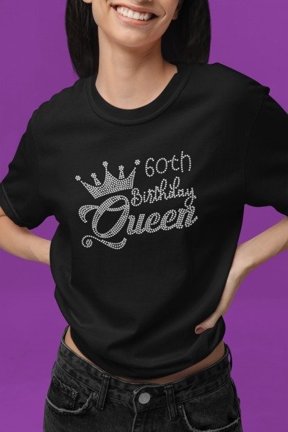 Black rhinestone Queen birthday T-shirt with crown and “60th” text