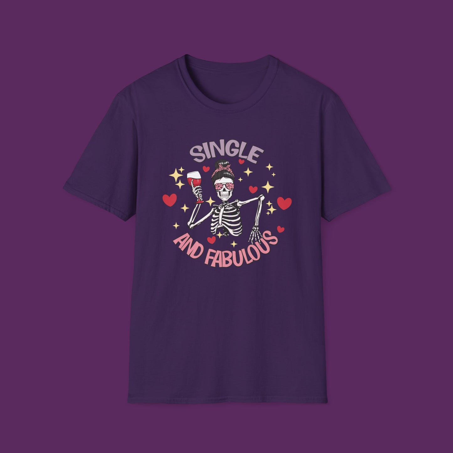 "Single and Fabulous" Skeleton with Wine Glass and Hearts T-Shirt