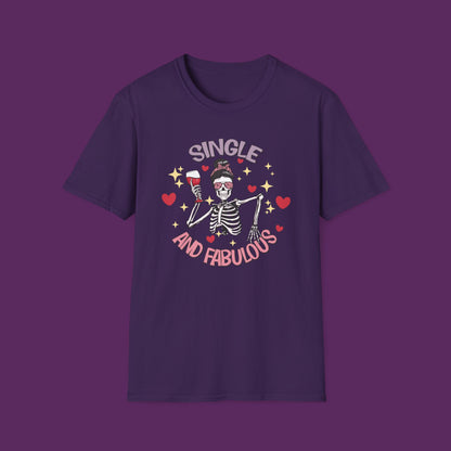 "Single and Fabulous" Skeleton with Wine Glass and Hearts T-Shirt