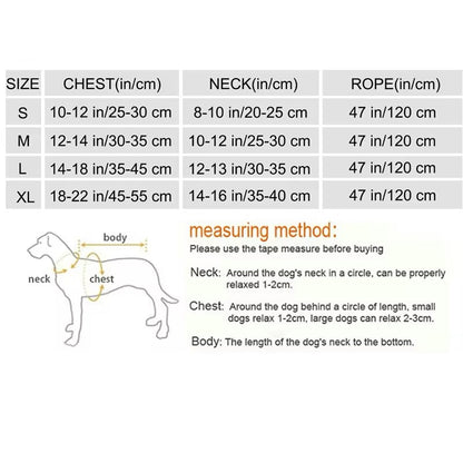 Dog harness sizing chart with chest, neck, and rope length measurements