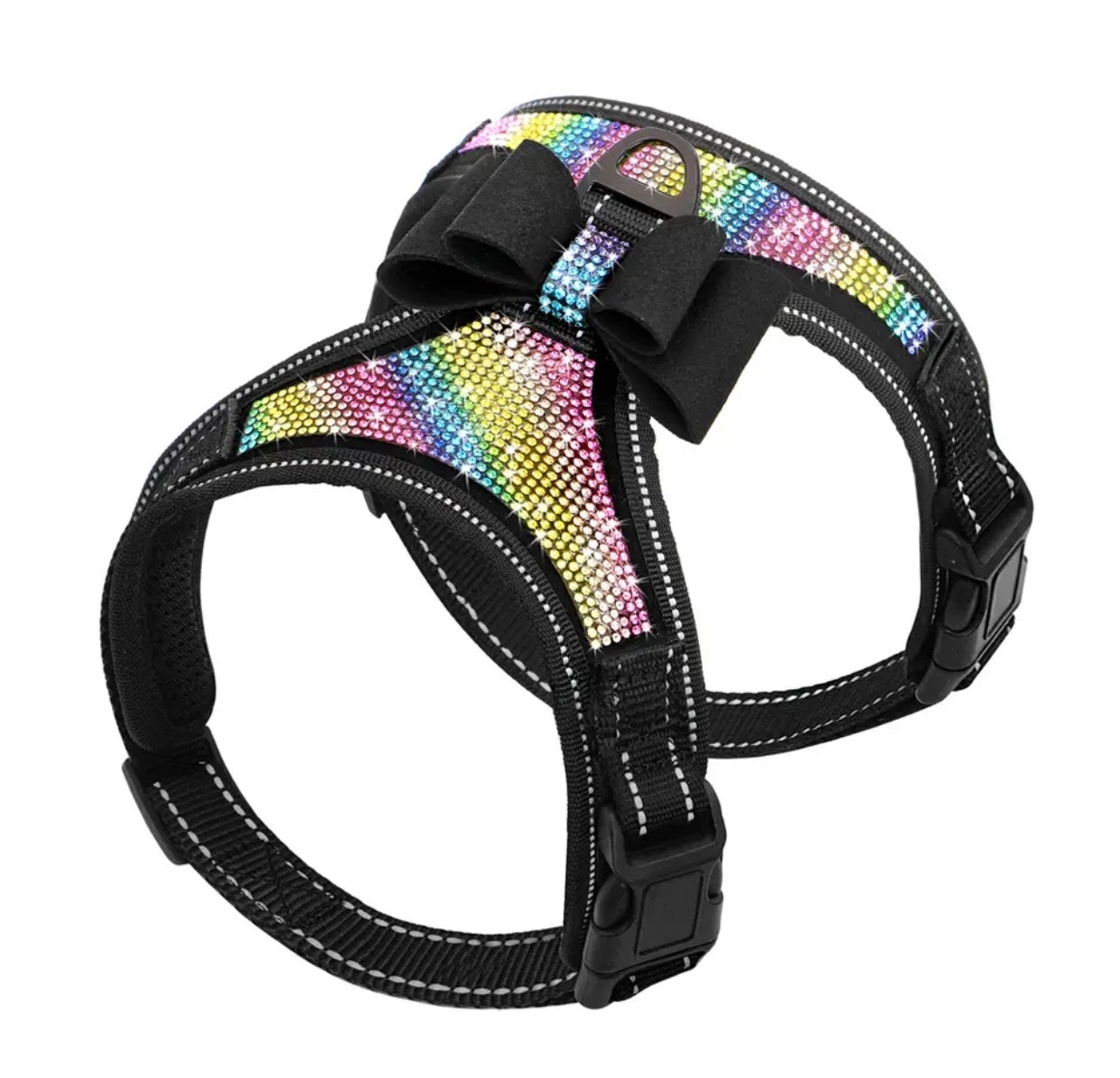 Rainbow rhinestone dog harness with black straps and fastening buckles