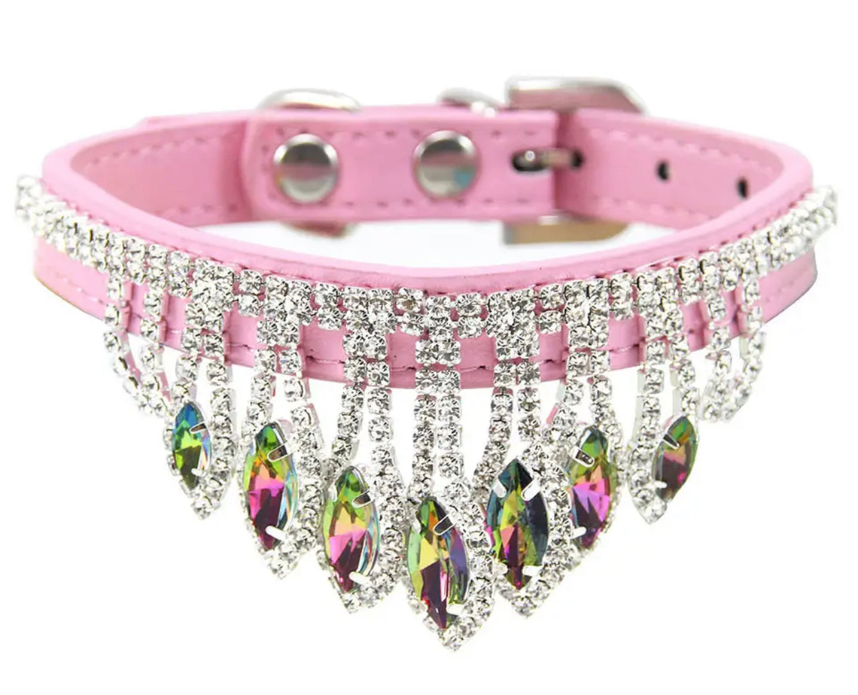 Pink rhinestone dog collar with silver chain fringe and teardrop crystals