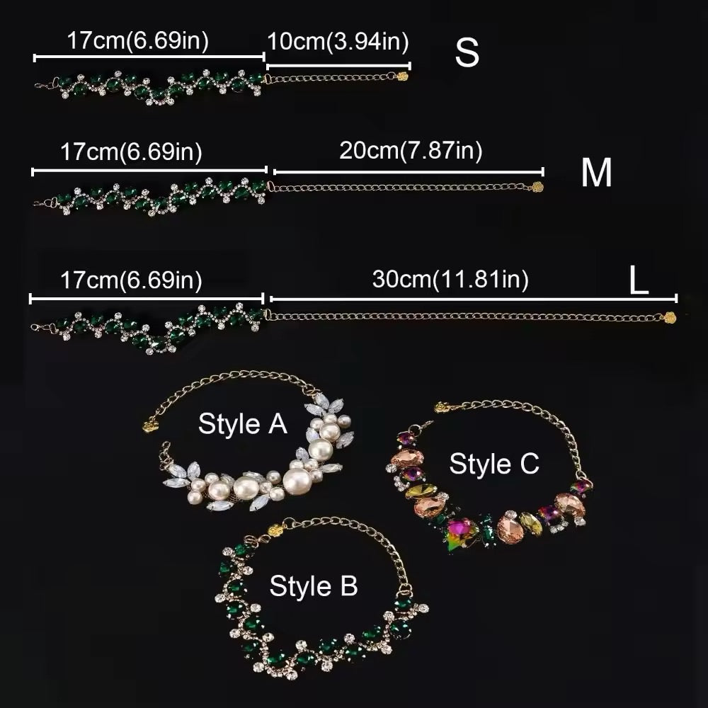 Rhinestone pet collar in three lengths, green and multicolor styles with heart charm