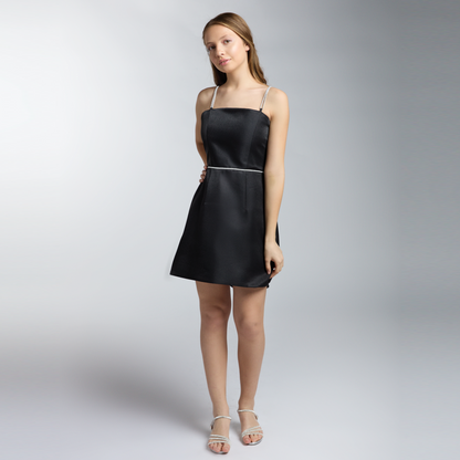 Black girls formal dress with spaghetti straps, fitted bodice, and short A-line hem
