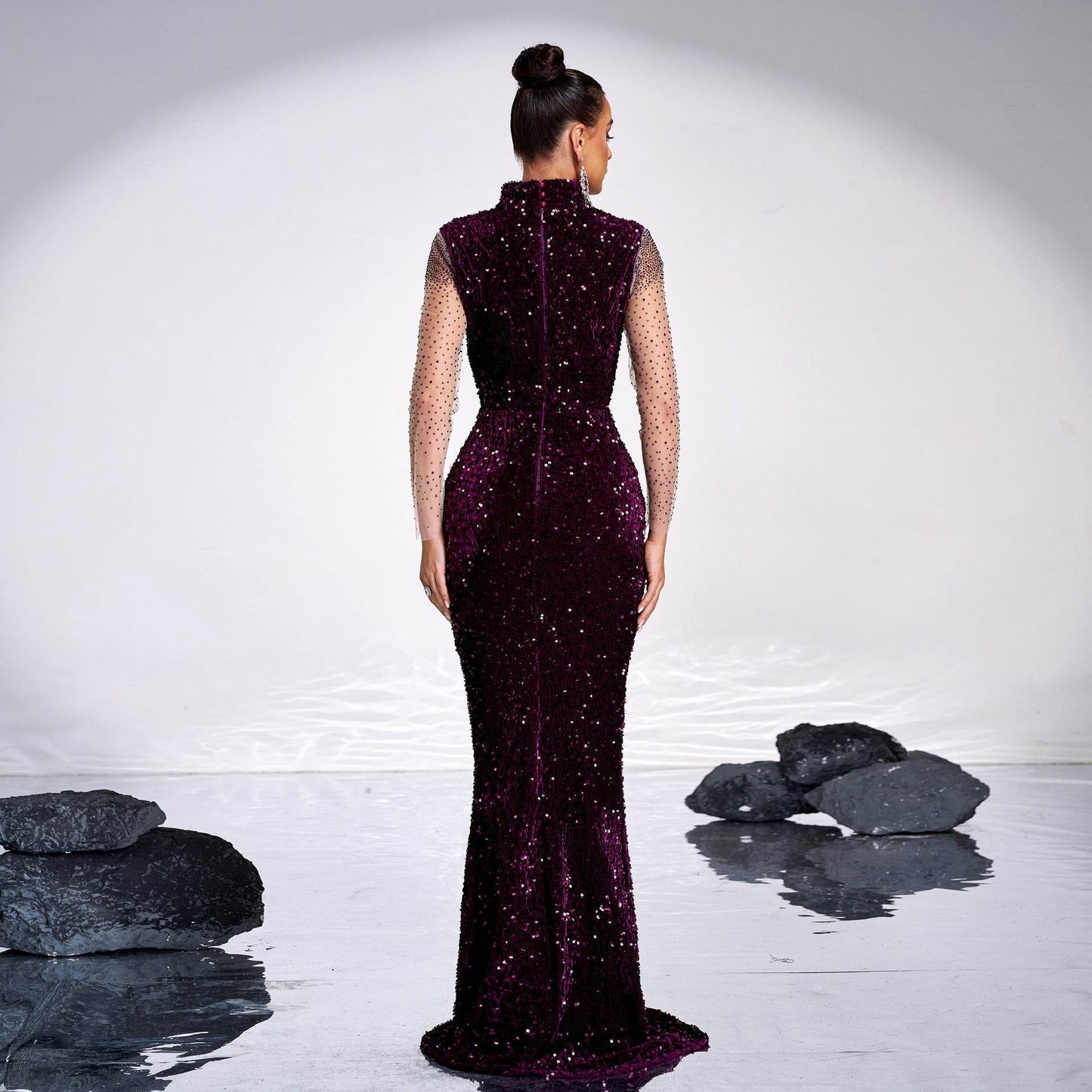 Long Sleeve Banquet Sequined Rhinestone Mermaid Party Dress