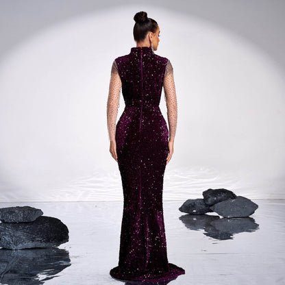 Long Sleeve Banquet Sequined Rhinestone Mermaid Party Dress