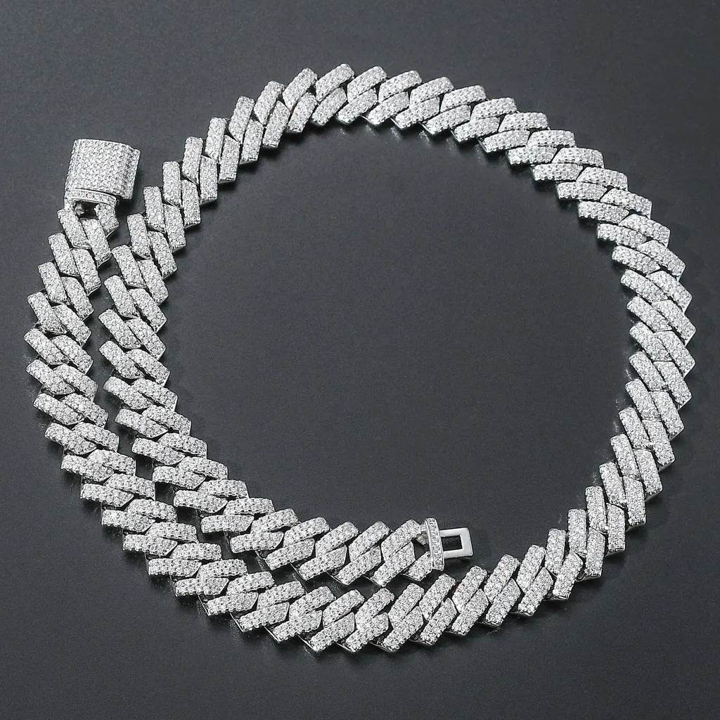 Silver cubic zircon cuban link chain necklace with square bezel stones