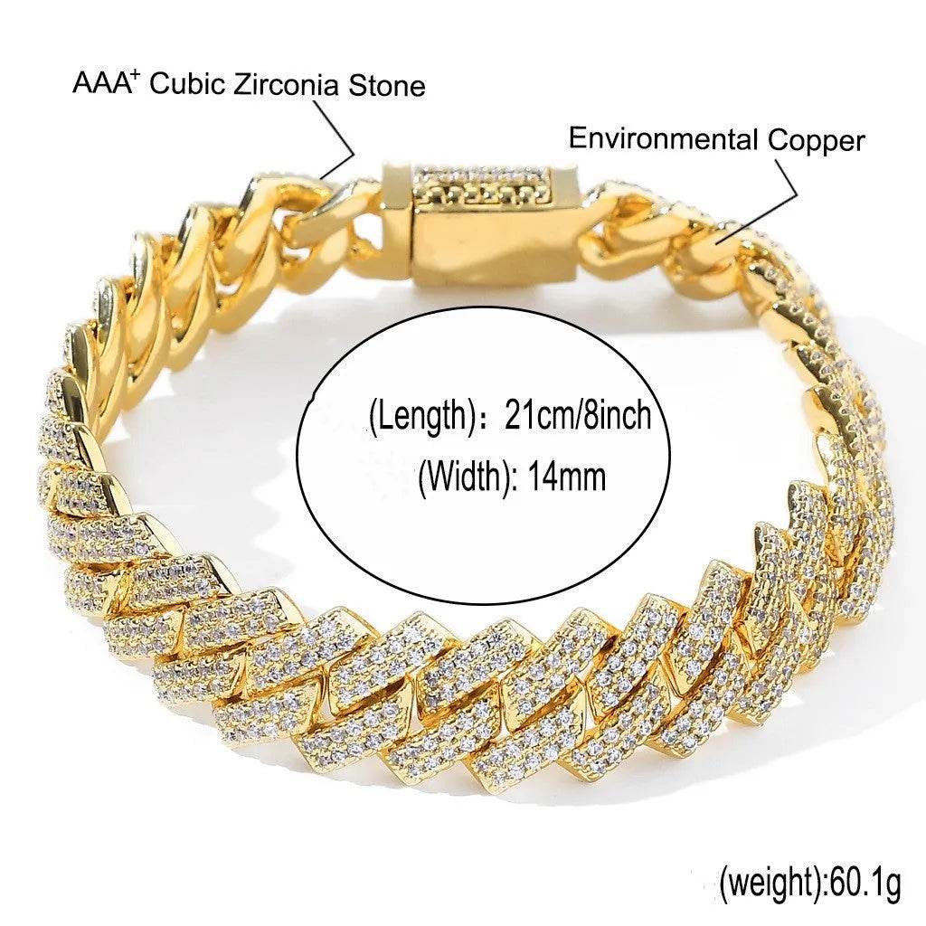Gold cubic zircon cuban link chain necklace with clasp and closely spaced stones