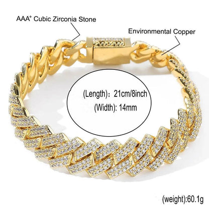 Gold cubic zircon cuban link chain necklace with clasp and closely spaced stones