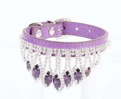 Purple rhinestone dog collar with dangling crystal fringe and adjustable holes