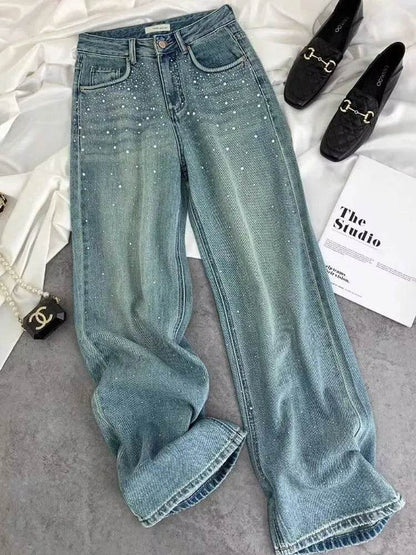 Starry Diamond In The Debris Rhinestone Straight Baggy Jeans Pant For Women