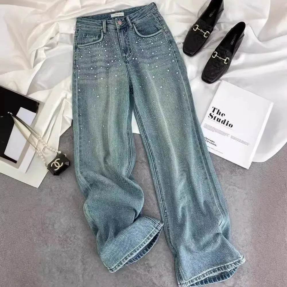 Starry Diamond In The Debris Rhinestone Straight Baggy Jeans Pant For Women
