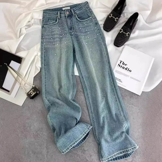 Starry Diamond In The Debris Rhinestone Straight Baggy Jeans Pant For Women