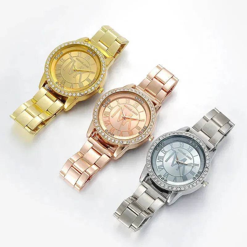 Set of 3 metal band wristwatches with jeweled bezels, Roman dials (gold/rose/silver)