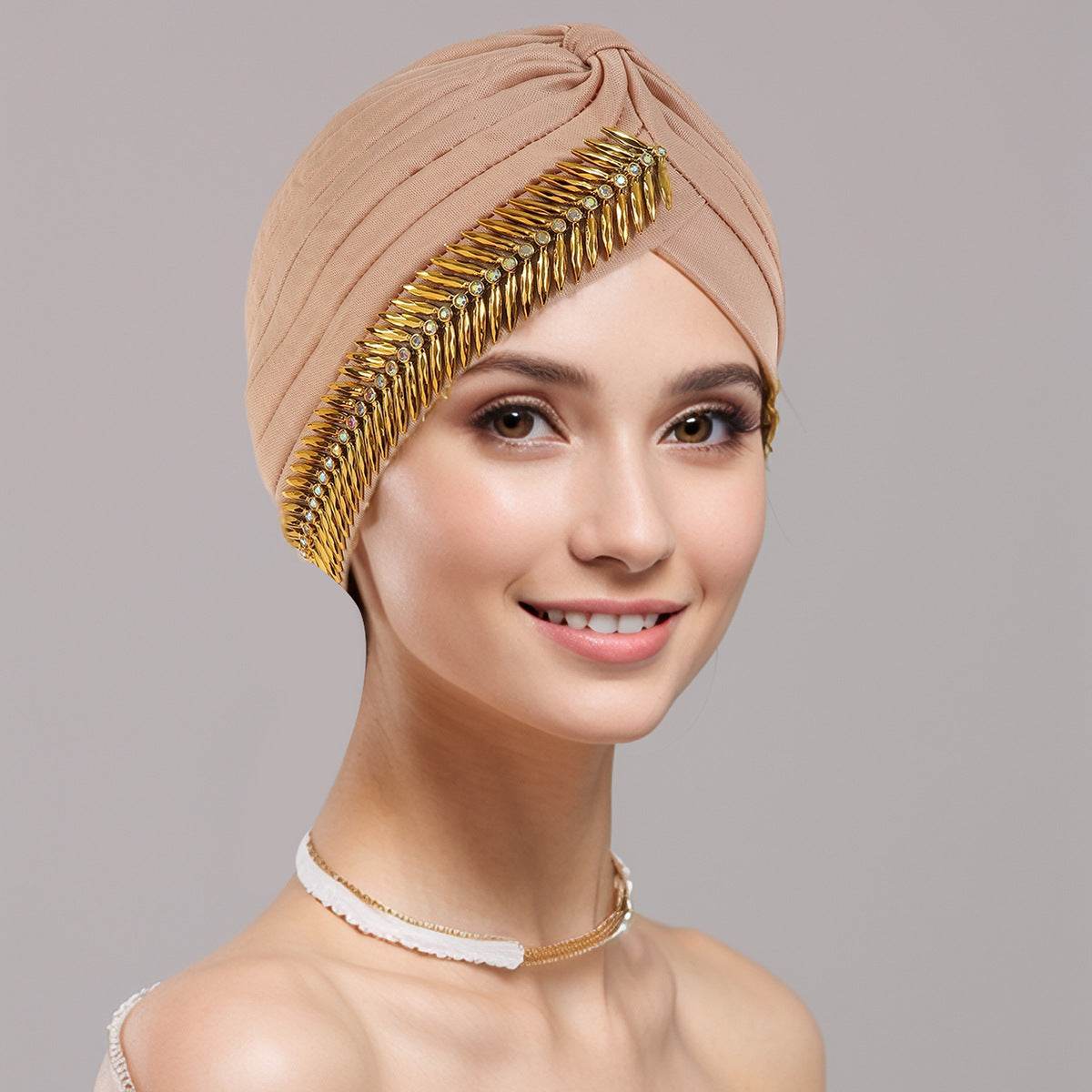 Women’s rhinestone turban cap with gold beaded band, beige head wrap