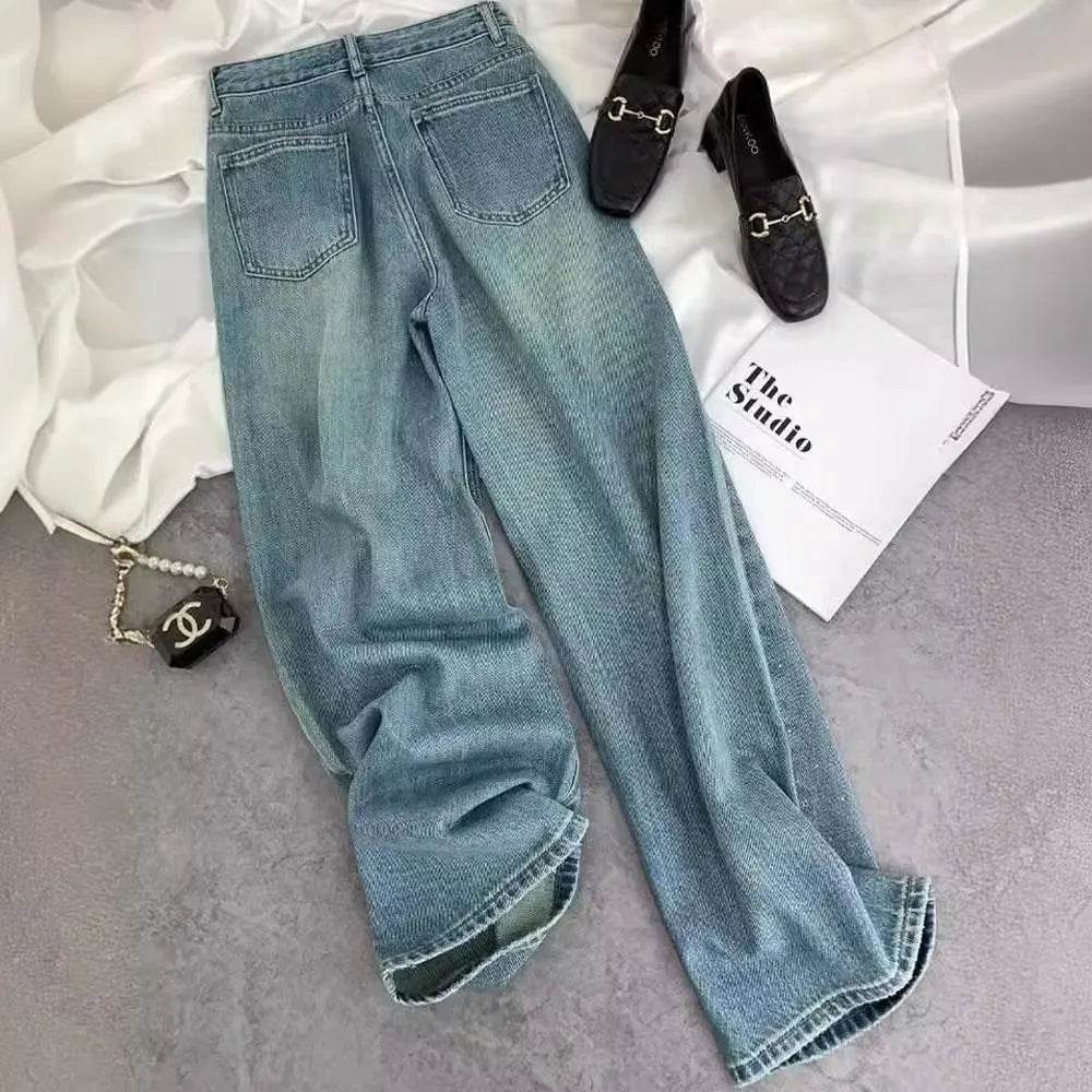 Starry Diamond In The Debris Rhinestone Straight Baggy Jeans Pant For Women