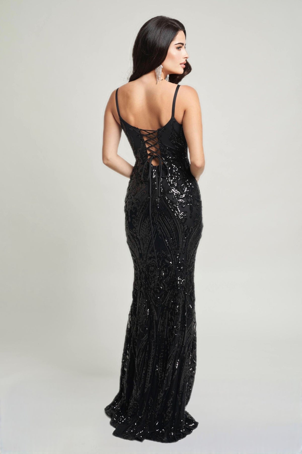 Black sequin maxi dress with open back and crisscross strap detail, slim fit