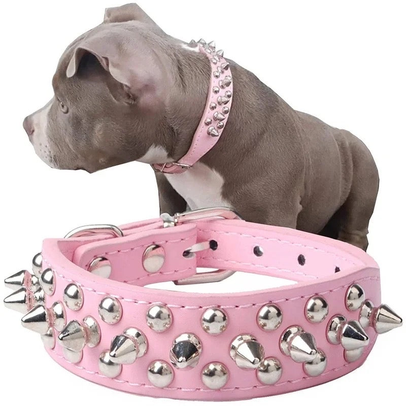 Pink leather studded dog collar with silver spikes and metal eyelets