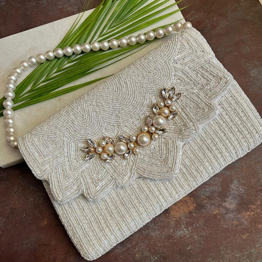 Dreamy White Beaded Flap Clutch – Pearl & Diamante Evening Bag