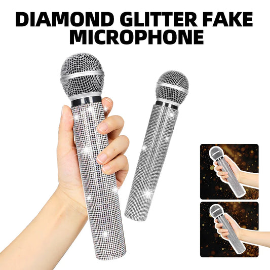 Fake Microphone Prop Sparkly Bling Rhinestones Plastic Play Microphone Pretend Glitter Bedazzled Mic for Cosplay Party Costume