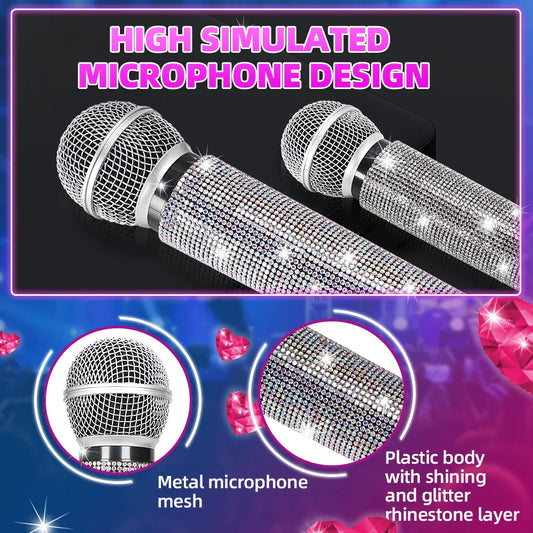 Fake Microphone Prop Sparkly Bling Rhinestones Plastic Play Microphone Pretend Glitter Bedazzled Mic for Cosplay Party Costume