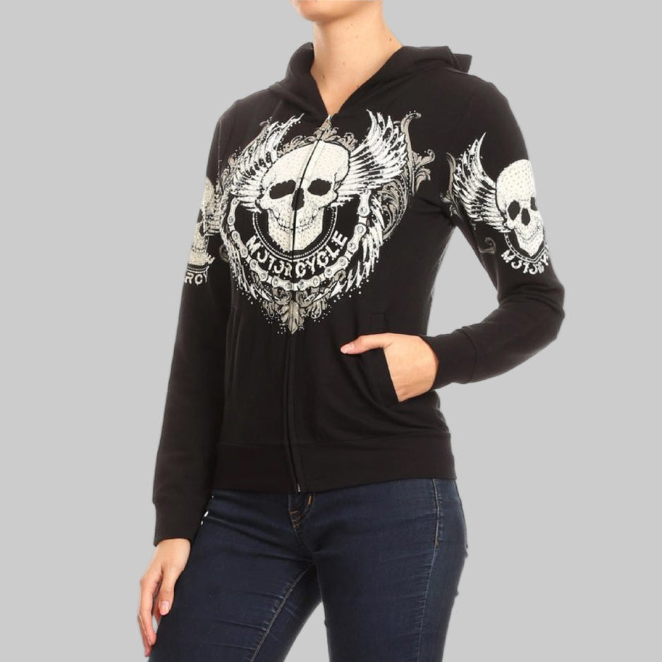 Women's motorcycle rhinestone skull & wings zip-up hoodie in Black – Rhinestone Hoodie by Boutique of Leathers/Open Road