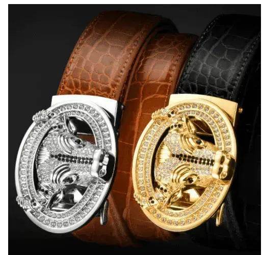 Set of two leather belts with diamond-studded bull head automatic buckles, brown and black
