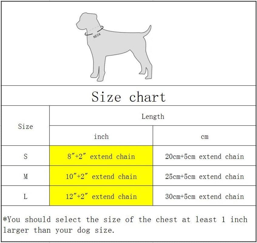 Dog necklace size chart with length measurements for S, M, and L