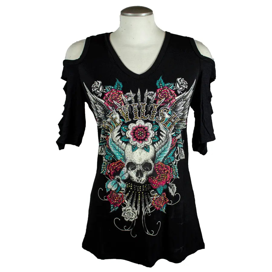 Black cold-shoulder top with skull and floral design on a mannequin against a white background