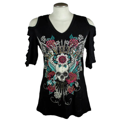 Black cold-shoulder top with skull and floral design on a mannequin against a white background