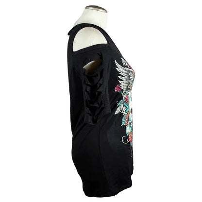 Black sleeveless top with floral wing design on a mannequin against a white background