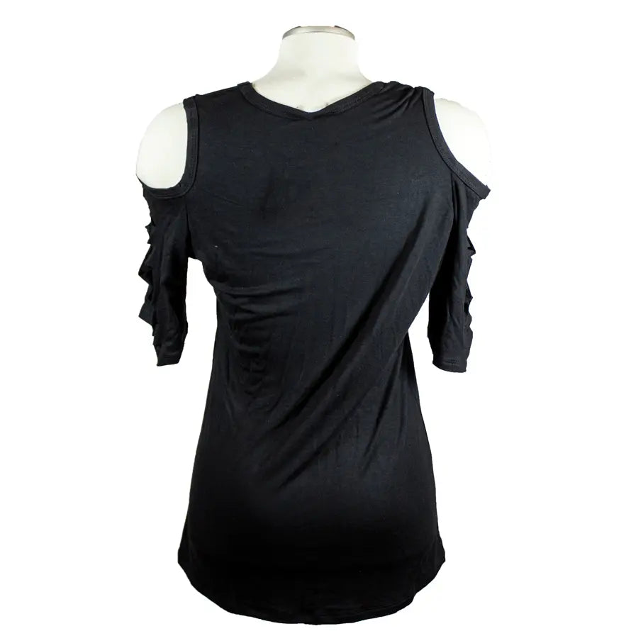 Black dress with cold shoulder design on a mannequin against a white background